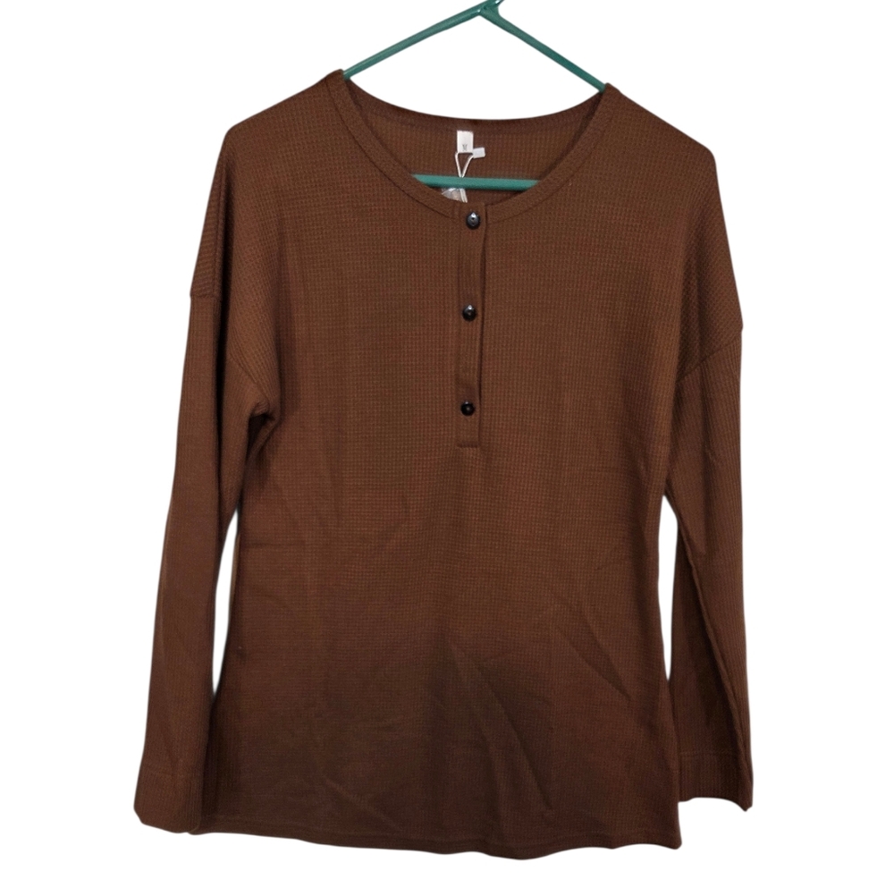 Wneedu Waffle Knit Tunic Loose Long Sleeve Button Up V-Neck Henley Top Brown